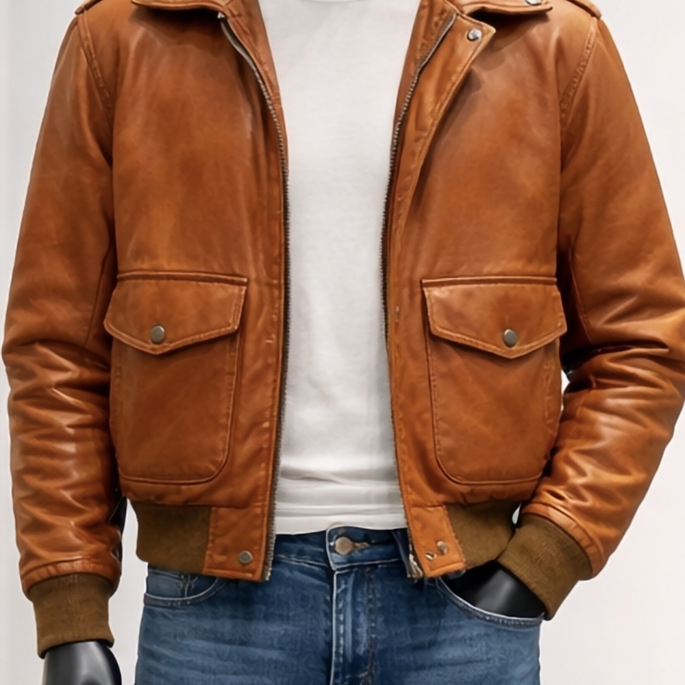 Men's Tan Leather Flight Jacket With Snapped Flap Pockets Circa 1970s